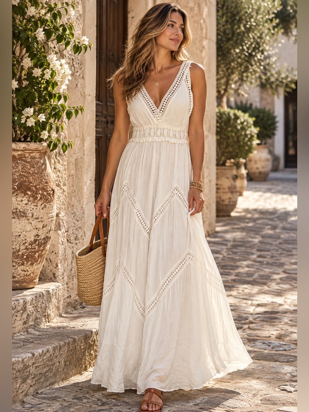 Max Studio White M Crochet Lace Maxi Dress Boho Bridal Mediterranean NWT